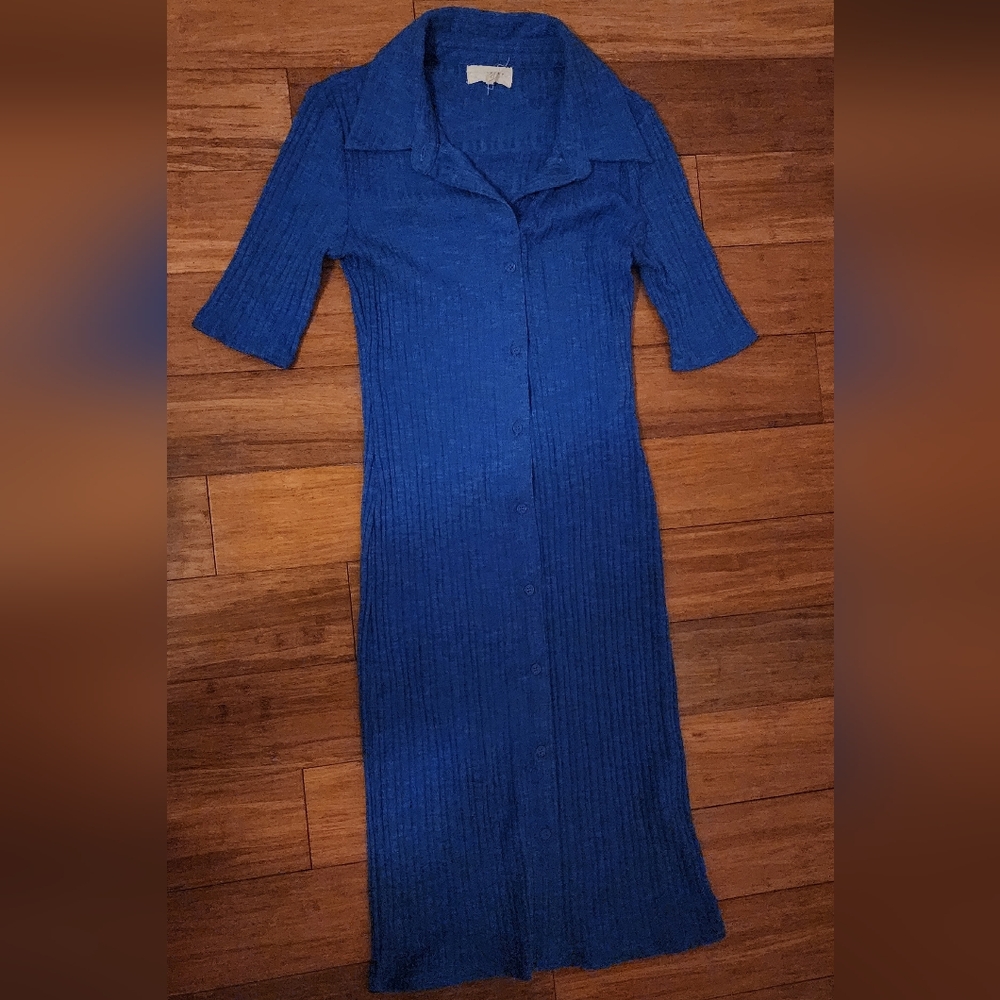 MELLODAY Royal Blue Ribbed Button Midi Dress